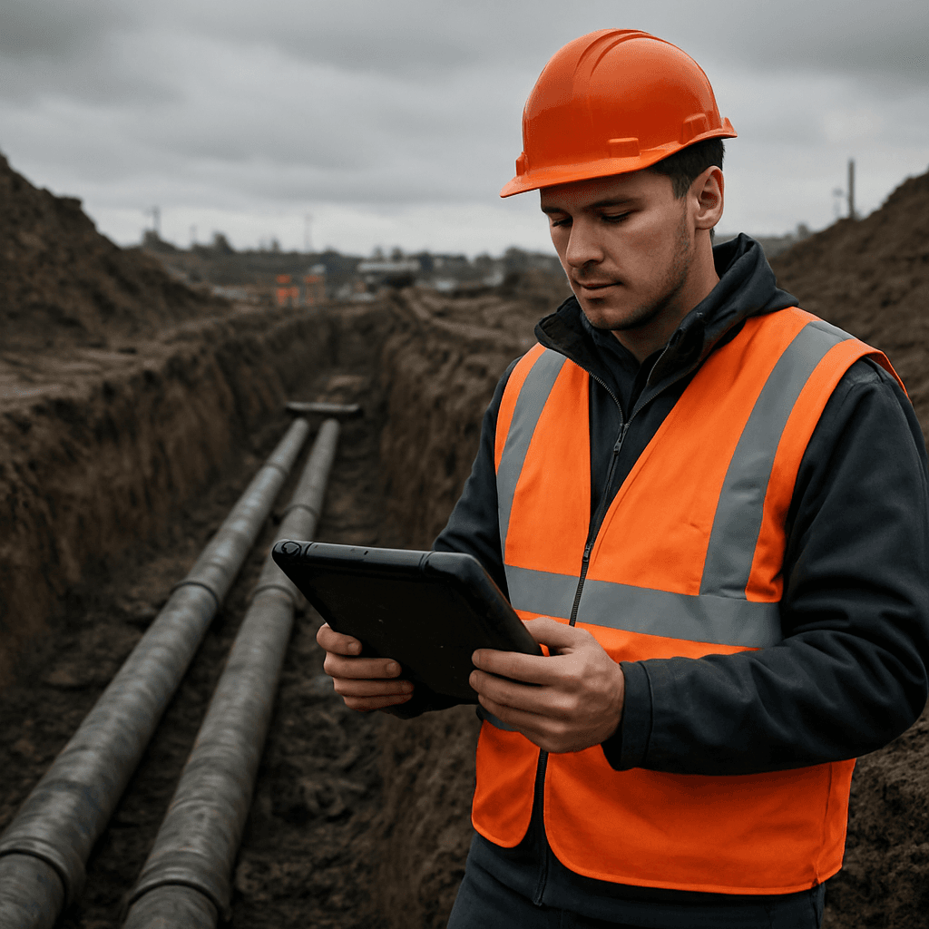 Field engineer using a rugged tablet beside an open utility trench