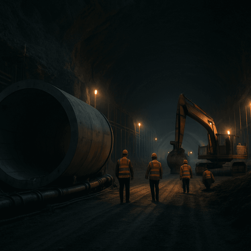 Underground infrastructure tunnel under construction with crew and heavy machinery