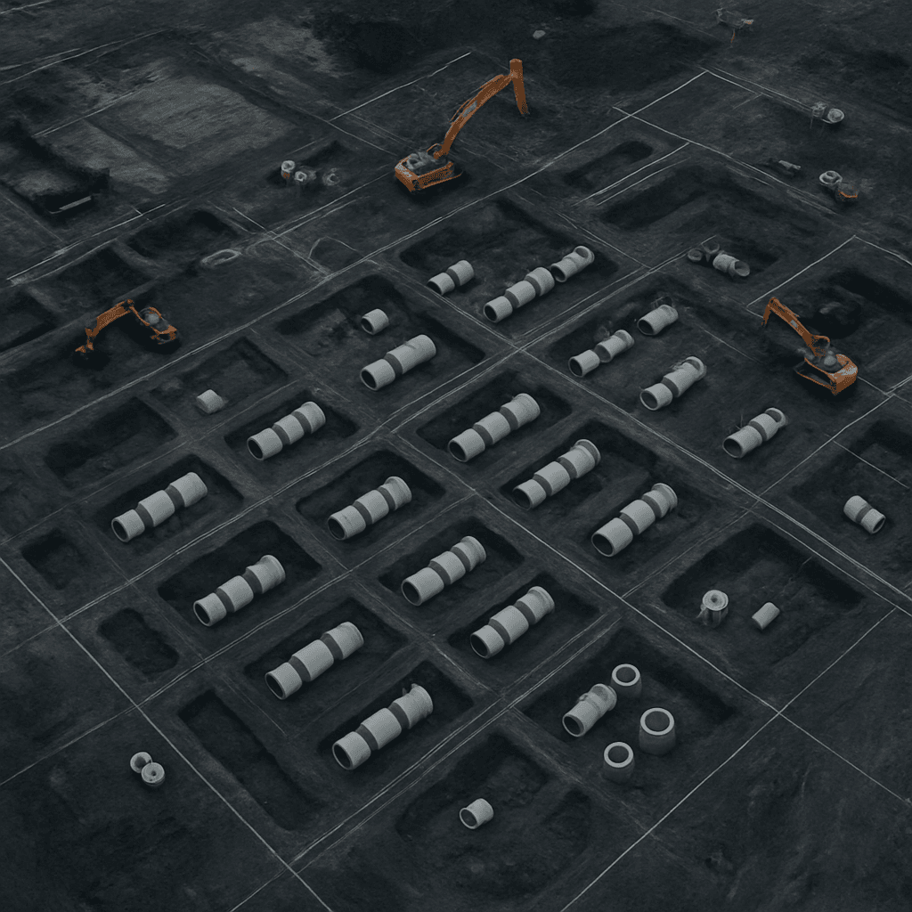 Aerial view of a civil construction site with trenches and staged pipe sections